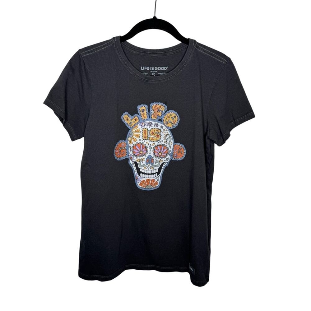 LIFE IS GOOD / washed black sugar skull graphic short sleeve crusher tee / S
